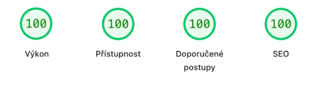 Google PageSpeed Insights — 4× 100/100 (Výkon, Přístupnost, Doporučené postupy, SEO)